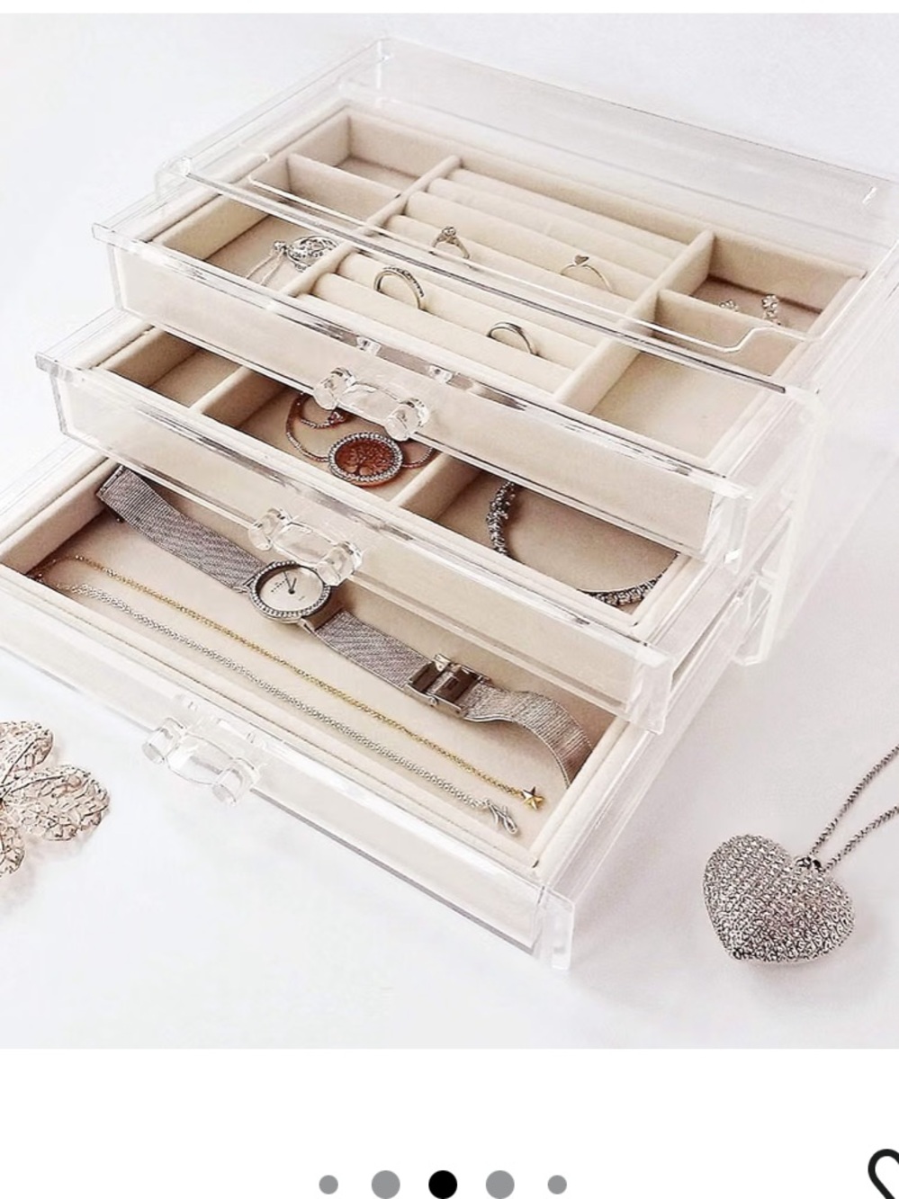 Clear Acrylic Jewelry Organizer with Beige Lined Compartments